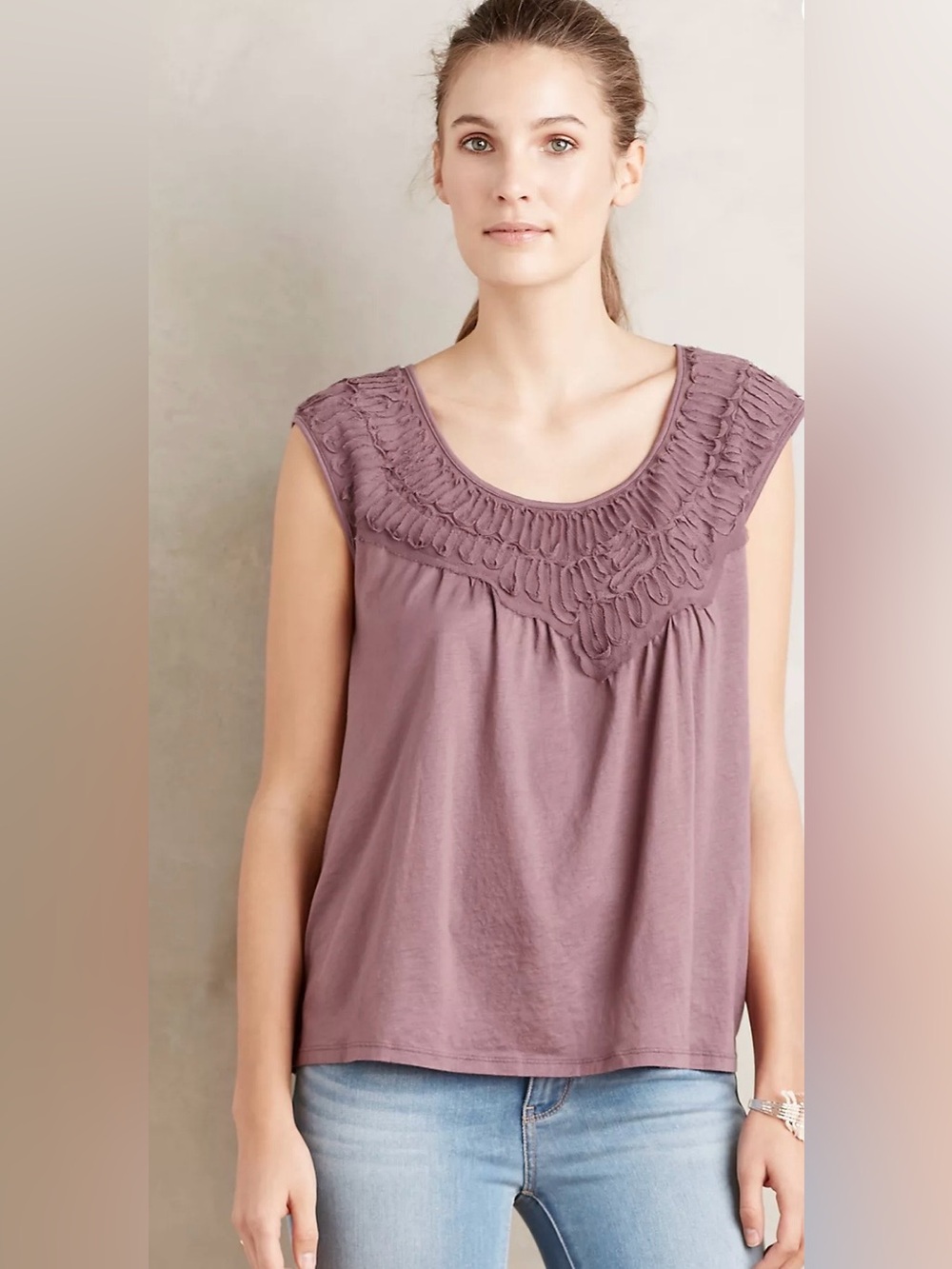 Meadow Rue|Anthro Sleeveless Lace textured Yoke Tank Top in chalk Plum•••Small